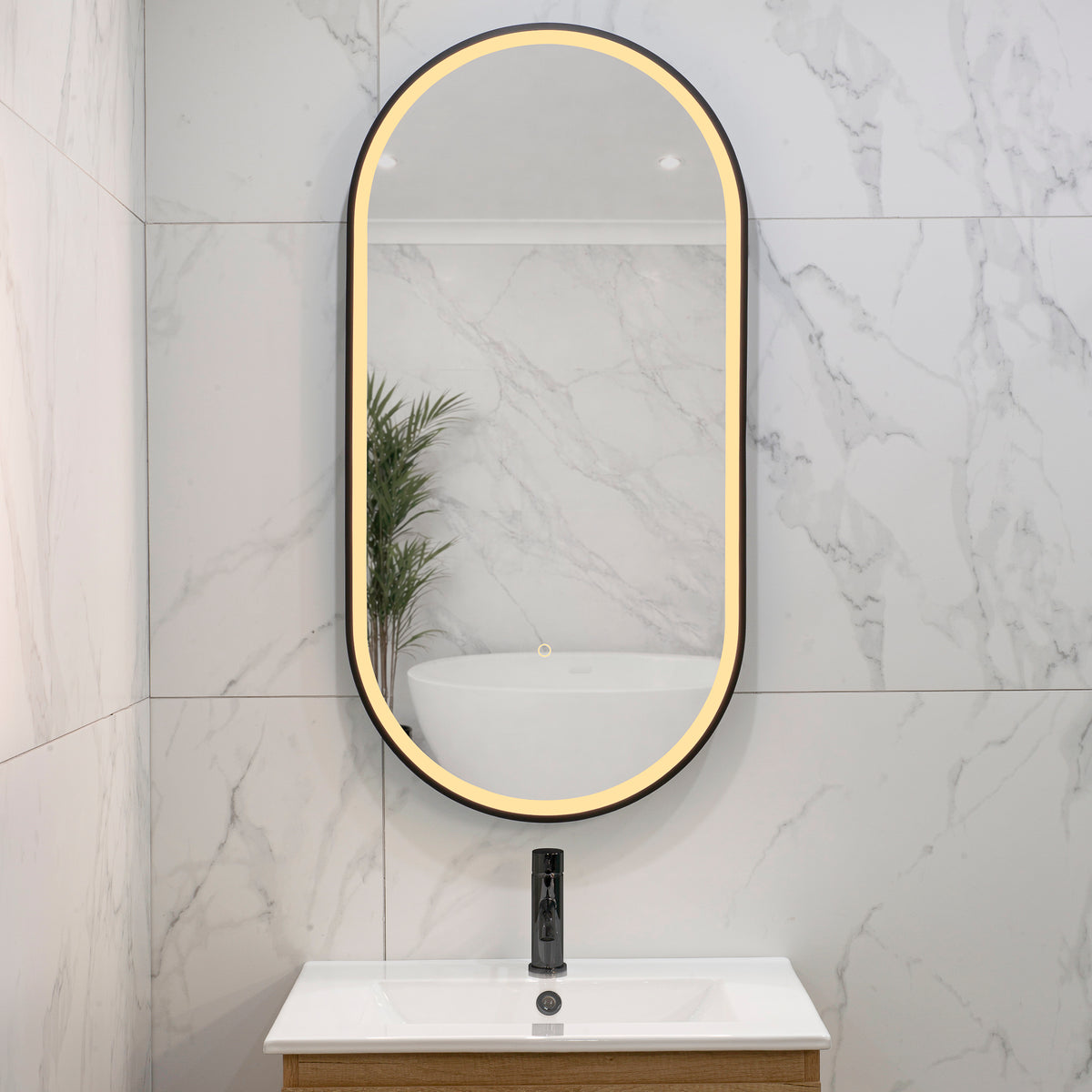 Pill Oval 500mm x 1000mm Frontlit LED Framed Mirror with Demister, Matte Black Frame