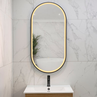 Pill Oval 500mm x 1000mm Frontlit LED Framed Mirror with Demister, Matte Black Frame