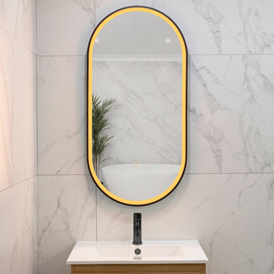 Pill Oval 500mm x 1000mm Frontlit LED Framed Mirror with Demister, Matte Black Frame