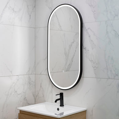Pill Oval 500mm x 1000mm Frontlit LED Framed Mirror with Demister, Matte Black Frame