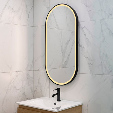 Pill Oval 500mm x 1000mm Frontlit LED Framed Mirror with Demister, Matte Black Frame