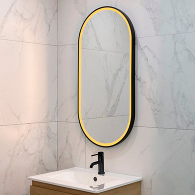 Pill Oval 500mm x 1000mm Frontlit LED Framed Mirror with Demister, Matte Black Frame