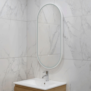Pill Oval 500mm x 1000mm Frontlit LED Framed Mirror with Demister, Matte White Frame