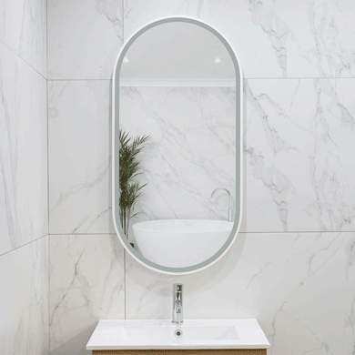 Pill Oval 500mm x 1000mm Frontlit LED Framed Mirror with Demister, Matte White Frame