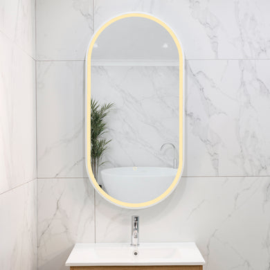 Pill Oval 500mm x 1000mm Frontlit LED Framed Mirror with Demister, Matte White Frame