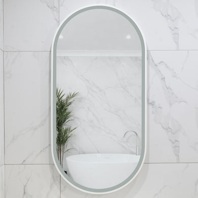 Pill Oval 500mm x 1000mm Frontlit LED Framed Mirror with Demister, Matte White Frame