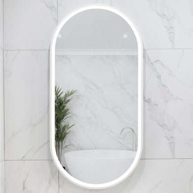 Pill Oval 500mm x 1000mm Frontlit LED Framed Mirror with Demister, Matte White Frame