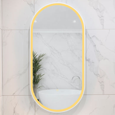 Pill Oval 500mm x 1000mm Frontlit LED Framed Mirror with Demister, Matte White Frame