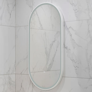 Pill Oval 500mm x 1000mm Frontlit LED Framed Mirror with Demister, Matte White Frame