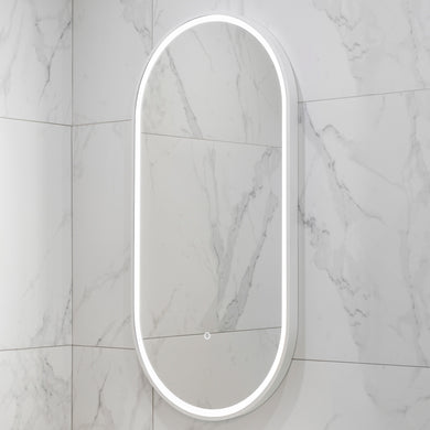 Pill Oval 500mm x 1000mm Frontlit LED Framed Mirror with Demister, Matte White Frame