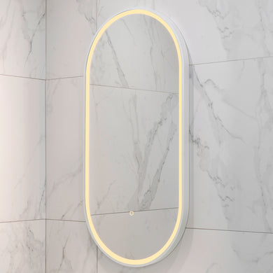 Pill Oval 500mm x 1000mm Frontlit LED Framed Mirror with Demister, Matte White Frame