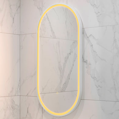 Pill Oval 500mm x 1000mm Frontlit LED Framed Mirror with Demister, Matte White Frame