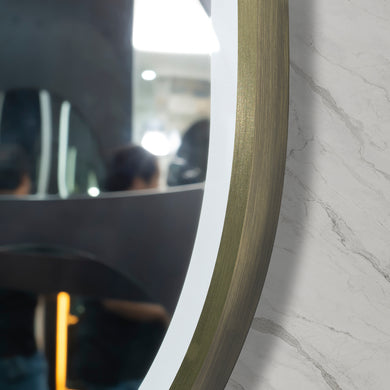 Pill Oval 600mm x 900mm Frontlit LED Framed Mirror with Demister, Brushed Brass (Gold) Frame