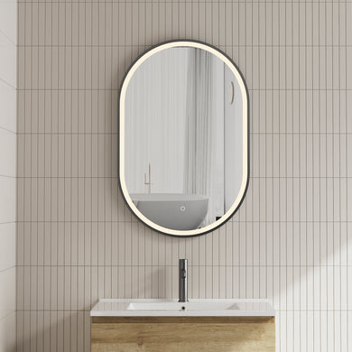 Pill Oval 600mm x 900mm Frontlit LED Framed Mirror with Demister, Matte Black Frame