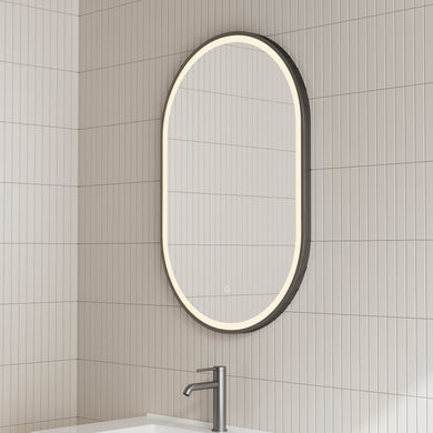 *Clearance* Pill Oval 500mm x 800mm Frontlit LED Framed Mirror with Demister, Matte Black Frame