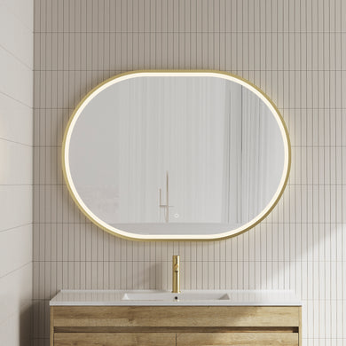 *Clearance* Pill Oval 1200mm x 900mm Frontlit LED Framed Mirror with Demister, Brushed Brass (Gold) Frame