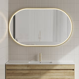Pill Oval 1500mm x 900mm Frontlit LED Framed Mirror with Demister, Brushed Brass (Gold) Frame