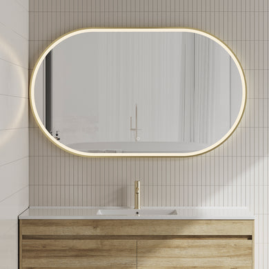*Clearance* Pill Oval 1500mm x 900mm Frontlit LED Framed Mirror with Demister, Brushed Brass (Gold) Frame
