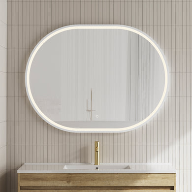 *Clearance* Pill Oval 1200mm x 900mm Frontlit LED Framed Mirror with Demister, Matte White Frame