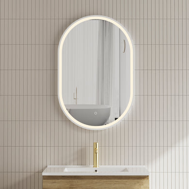 *Clearance* Pill Oval 600mm x 900mm Frontlit LED Framed Mirror with Demister, Matte White Frame