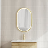 Pill Oval 500mm x 800mm Frontlit LED Framed Mirror with Demister, Brushed Brass (Gold) Frame *Clearance Stock*