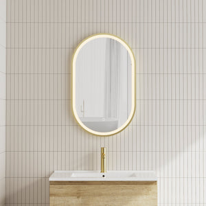 Pill Oval 500mm x 800mm Frontlit LED Framed Mirror with Demister, Brushed Brass (Gold) Frame *Clearance Stock*
