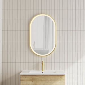 Pill Oval 500mm x 800mm Frontlit LED Framed Mirror with Demister, Brushed Brass (Gold) Frame