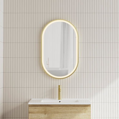 *Clearance* Pill Oval 500mm x 800mm Frontlit LED Framed Mirror with Demister, Brushed Brass (Gold) Frame