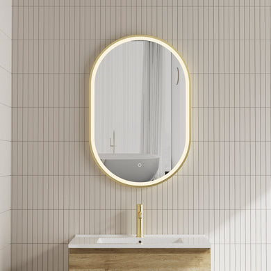 Pill Oval 600mm x 900mm Frontlit LED Framed Mirror with Demister, Brushed Brass (Gold) Frame