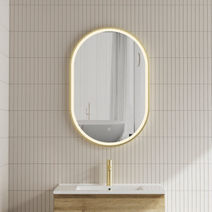 Pill Oval 600mm x 900mm Frontlit LED Framed Mirror with Demister, Brushed Brass (Gold) Frame