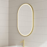 Pill Oval Frontlit LED Mirror with Brushed Brass (Gold) Frame and Demister | 6 sizes available, from 500mm to 1500mm |