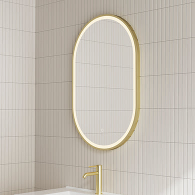 Pill Oval 600mm x 900mm Frontlit LED Framed Mirror with Demister, Brushed Brass (Gold) Frame