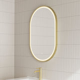 Pill Oval 750mm x 1200mm Frontlit LED Framed Mirror with Demister, Brushed Brass (Gold) Frame