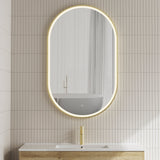 Pill Oval 750mm x 1200mm Frontlit LED Framed Mirror with Demister, Brushed Brass (Gold) Frame *Clearance Stock*
