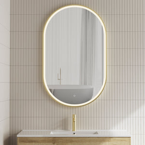 Pill Oval 750mm x 1200mm Frontlit LED Framed Mirror with Demister, Brushed Brass (Gold) Frame *Clearance Stock*