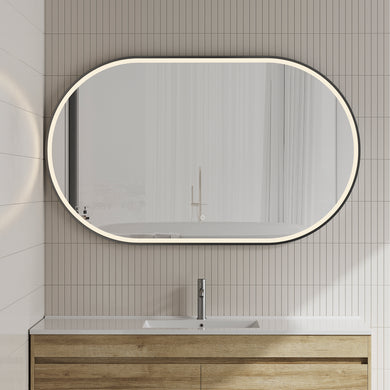 *Clearance* Pill Oval 1500mm x 900mm Frontlit LED Framed Mirror with Demister, Matte Black Frame