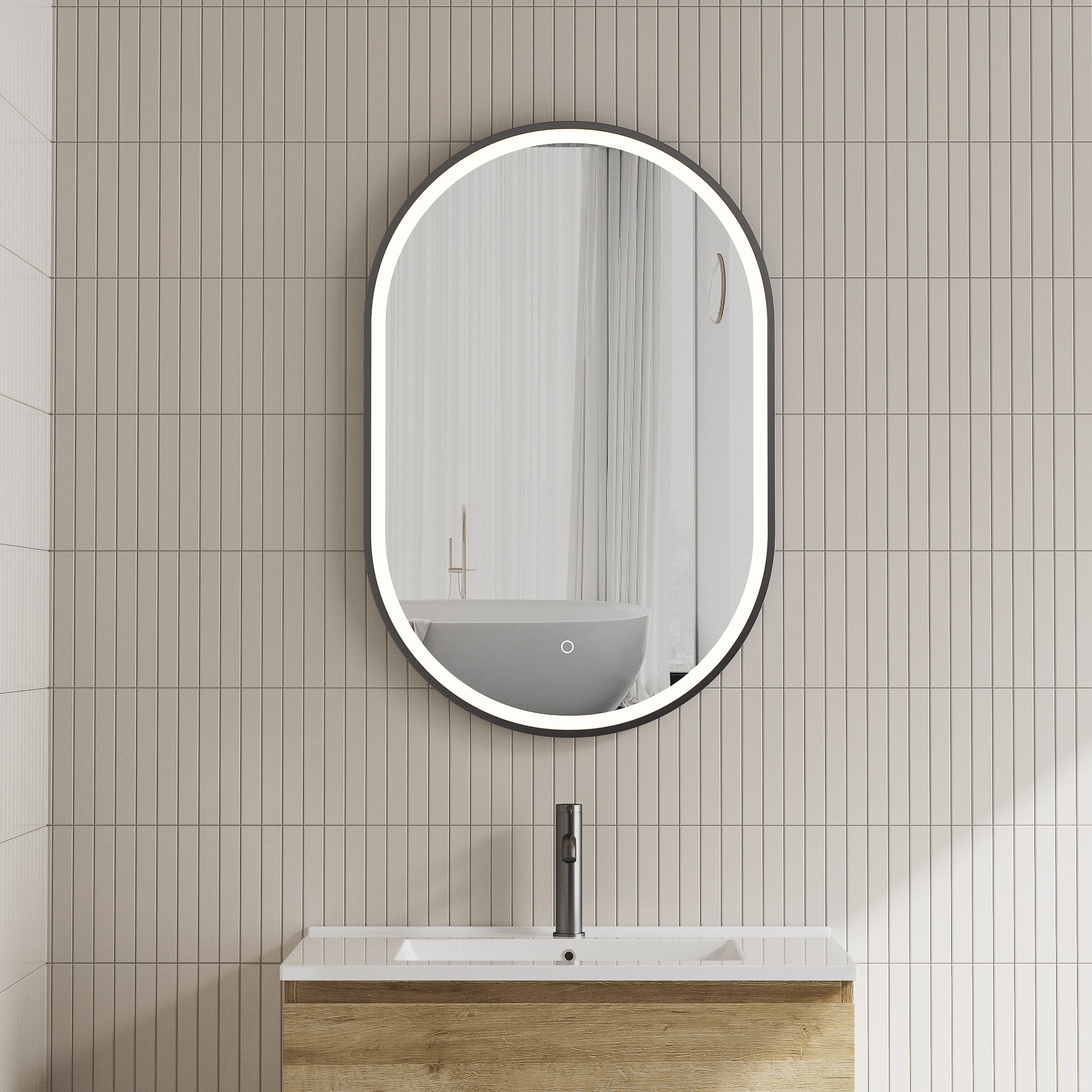 Frame Pill Pill Oval 600mm x 900mm Frontlit LED Framed Mirror with Demister, Matt ...