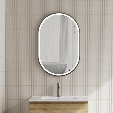 Pill Oval 600mm x 900mm Frontlit LED Framed Mirror with Demister, Matte Black Frame