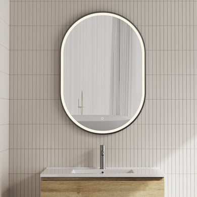 *Clearance* Pill Oval 700mm x 1000mm Frontlit LED Framed Mirror with Demister, Matte Black Frame