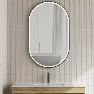 *Clearance* Pill Oval 750mm x 1200mm Frontlit LED Framed Mirror with Demister, Matte Black Frame