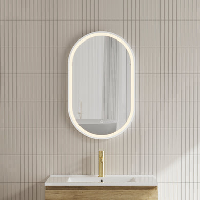 *Clearance* Pill Oval 500mm x 800mm Frontlit LED Framed Mirror with Demister, Matte White Frame