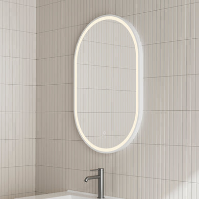 *Clearance* Pill Oval 500mm x 800mm Frontlit LED Framed Mirror with Demister, Matte White Frame