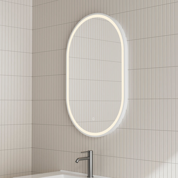 Pill Oval 700mm x 1000mm Frontlit LED Mirror with Matte White Frame and Demister