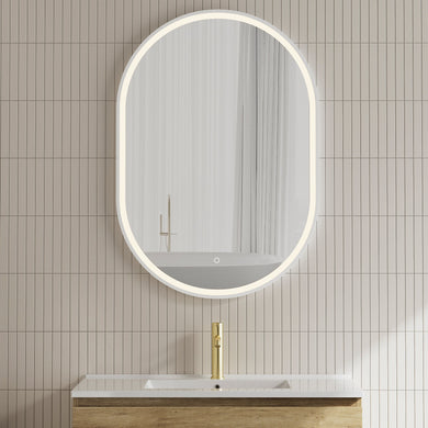 *Clearance* Pill Oval 700mm x 1000mm Frontlit LED Framed Mirror with Demister, Matte White Frame