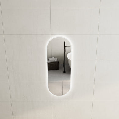 *Clearance* Pill Oval 450mm x 1200mm Frontlit and Backlit LED Frameless Mirror with Frosted Glass Border and Demister