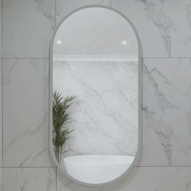 Pill Oval 500mm x 1000mm Frontlit and Backlit LED Frameless Mirror with Frosted Glass Border and Demister