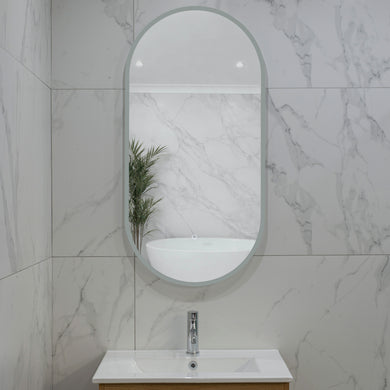 Pill Oval 500mm x 1000mm Frontlit and Backlit LED Frameless Mirror with Frosted Glass Border and Demister