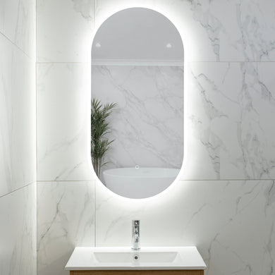 Pill Oval 500mm x 1000mm Frontlit and Backlit LED Frameless Mirror with Frosted Glass Border and Demister