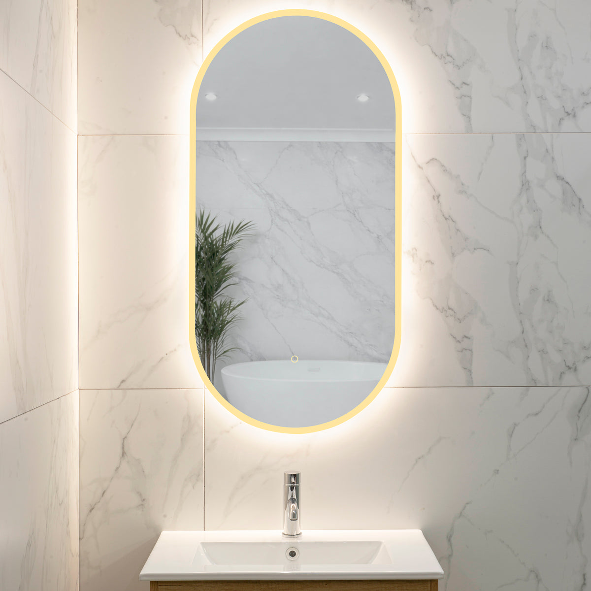 Pill Oval 500mm x 1000mm Frontlit and Backlit LED Frameless Mirror with Frosted Glass Border and Demister