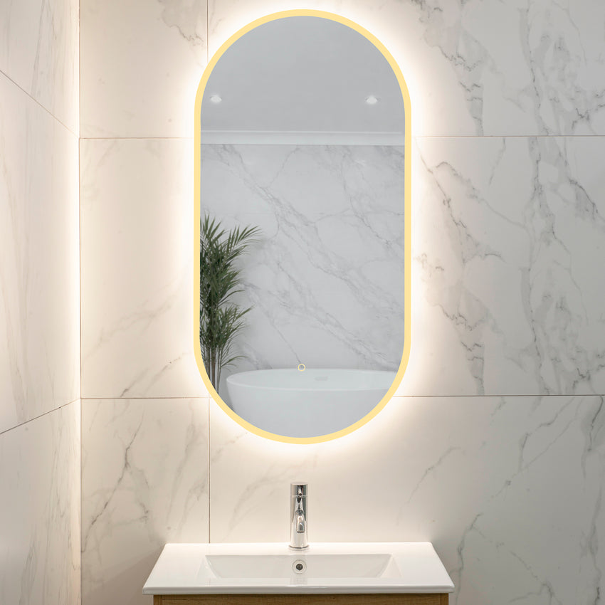 Pill Oval 500mm x 1000mm Frontlit and Backlit LED Frameless Mirror with Frosted Glass Border and Demister